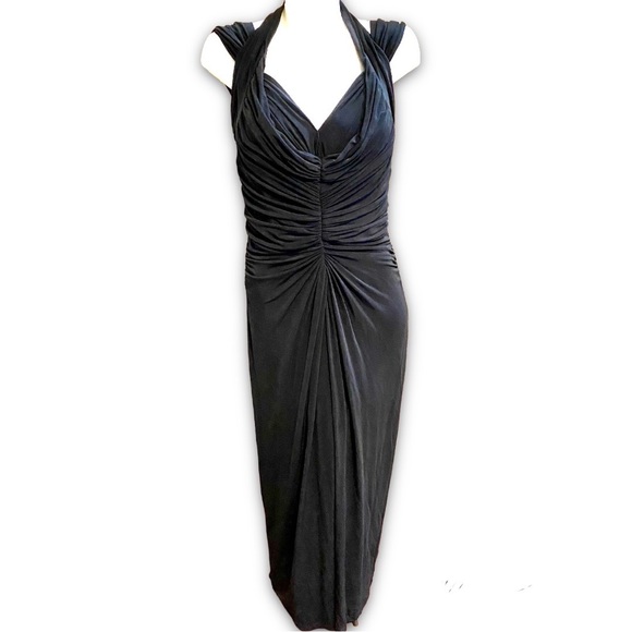 Tadashi Draped Rushed Hourglass Slinky Deep V Gown Formal Midi Dress XL - Picture 2 of 12